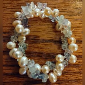Freshwater Pearl & Fluorite Bead Stretch Bracelet | Natural Gemstone Jewelry